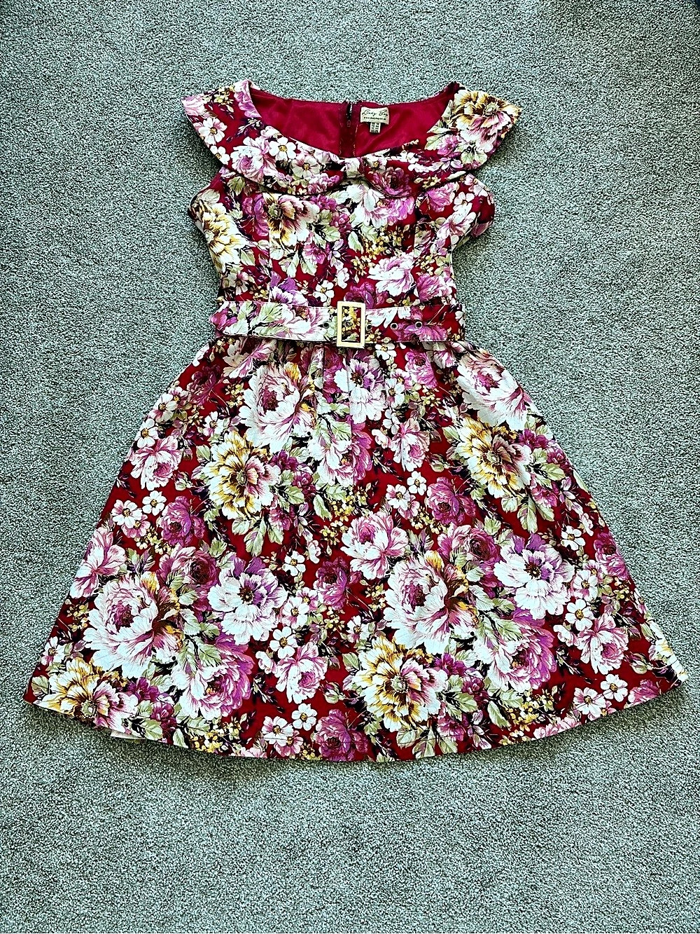 Lindy Bop Floral A line Dress Red & Pink US 2XL matching belt retro pinup 50’s